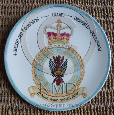 Hand-painted Bomber Command & 462 Squadron plate, for the 65th Birthday of Ralph Kenneth Daughters (front).