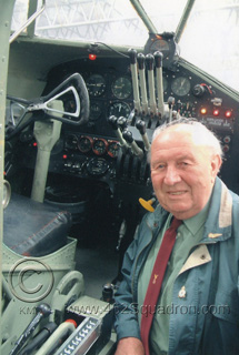 Ralph Daughters beside Pilot's controls in cockpit of Halifax NP-F at Elvington, 2005