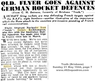 Ivan Alexander Archer (Sandy), 425261 RAAF, newspaper report 21 May 1944. 