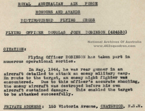 Citation for Distinguished Flying Cross for Douglas John Dobinson, 424530 RAAF, of 462 Squadron, previously 466 Squadron, Driffield.