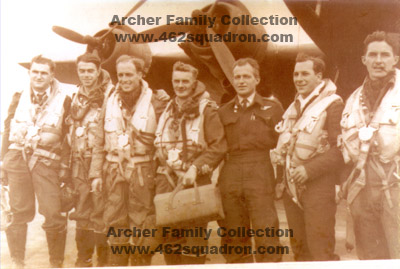 Crew 10 of 462 Squadron, Driffield, with Halifax MZ341 on 27 August 1944, after their last Op. David John Bates Mercer, Pierre Rene Yan Donaldson, Douglas John Dobinson; Ivan Alexander Archer (Sandy); Lawrence Graham Moyle; also John Thomas Rodgers, F Crawford. 