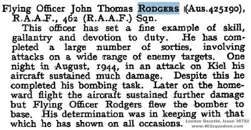 Citation for Distinguished Flying Cross, for Flying Officer John Thomas Rodgers 425190 RAAF, 462 Squadron, previously 466 Squadron, Driffield.