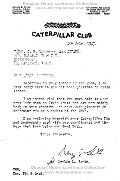 Douglas Henry Lawrence, 437426 RAAF, letter from Leslie Irwin with welcome to the Caterpillar Club, 04 July 1945.