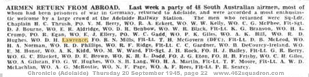 Caption with names af ex-PoWs icluding Douglas Henry Lawrence, 437426 RAAF, after return to Adelaide, newspaper 20 September 1945.