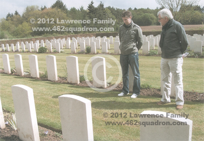 John and Aaron Lawrence at the graves of the crew of Halifax MZ469 Z5-N, Hotton War Cemetery, 2012. 