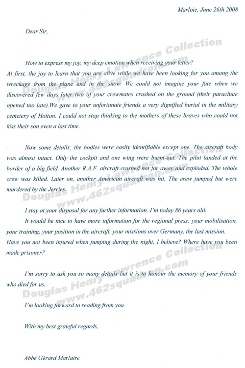 Letter from Abbé Gérard Marlaire to Douglas Henry Lawrence 26 June 2008, loss of Halifax MZ469 Z5-N of 462 Squadron.