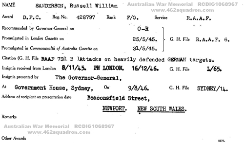 Russell William SANDERSON, 428797 RAAF, Distinguished Flying Cross record card at Australian War Memorial.