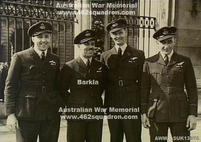 Frank Maxwell Barkla, 407924 RAAF, 462 Squadron, Driffield and Foulsham, previously 466 Squadron; at DFC Investiture with three fellow recipients, 16 March 1945.