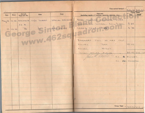 Log Book entries for May 1945 - Navigator George Sinton Bland, Crew 41, 462 Squadron, Foulsham.