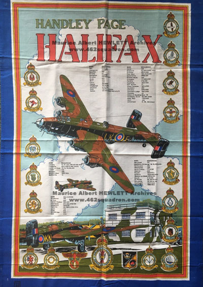 Souvenir tea towel showing WW2 Squadrons and bases for Handley Page Halifax, including 462 Squadron, Driffield and Foulsham.