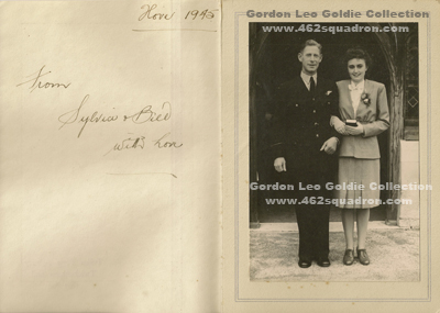 P/O Gordon Leo Goldie and his Bride Sylvia on their Wedding Day at Hove, near Brighton, UK, 1945.