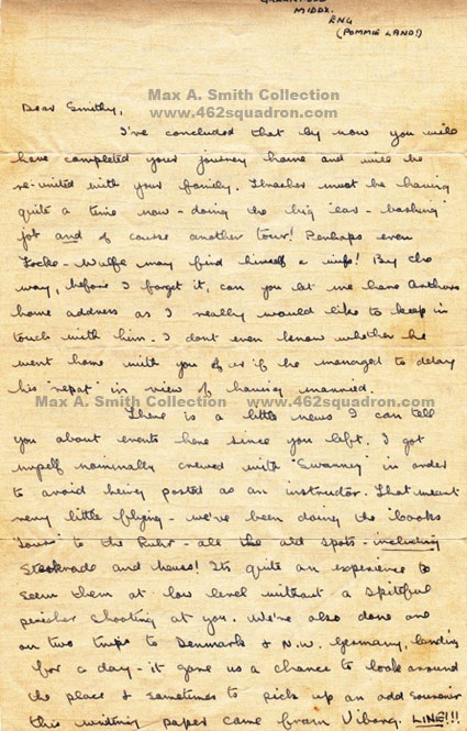Page 1 of Letter from Herbert Allen Raymond Manning (Mick) 187960 RAFVR to Maxwell Arthur Smith 424803 RAAF, August 1945, both of 462 Squadron. 