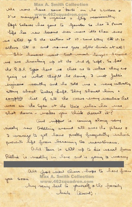 Page 2 of Letter from Herbert Allen Raymond Manning (Mick) 187960 RAFVR to Maxwell Arthur Smith 424803 RAAF, August 1945, both of 462 Squadron. 