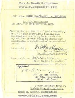P/O Maxwell A. Smith's Commendation received on Completion of Operational Tour, April 1945, 462 Squadron RAAF, Foulsham.