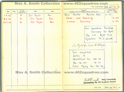 P/O Maxwell A. Smith's Logbook for April 1945, 462 Squadron RAAF, Foulsham.