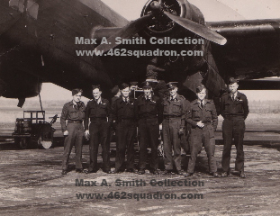 Taffy Rees, Frank Weston, Arthur Lobb, Max Taylor, Mick Manning, Blondie Somerville & Max Smith, beside Halifax Bomber, 462 Squadron.