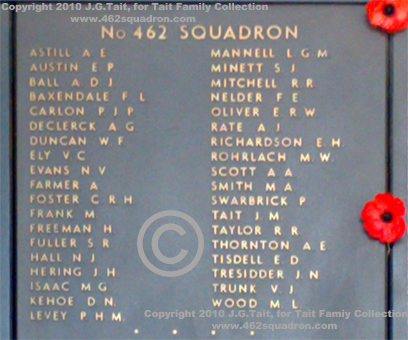 462 Squadron RAAF Honour Roll on the Memorial Wall at the Australian War Memorial, Canberra, with a Remembrance Poppy beside the name of F/Sgt John Mickle Tait, 430788.