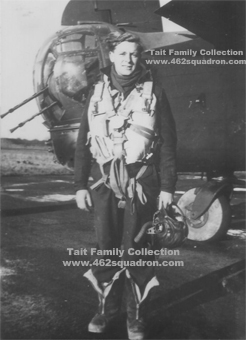 F/Sgt John Mickle Tait, 430788, 462 Squadron, RAAF ready to fly, and standing beside the rear turret of a Halifax III.