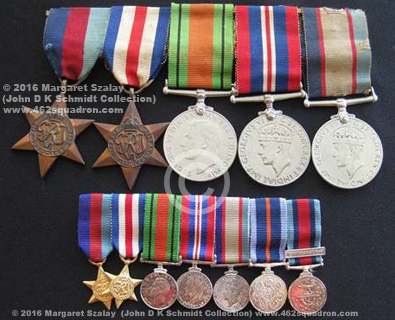 WW2 medals of John Damian Kearney Schmidt, 414856 RAAF, 462 Squadron – 1939-45 Star; France and Germany Star; Defence Medal; War Medal 1939-45; Australia Service Medal 1939-45.