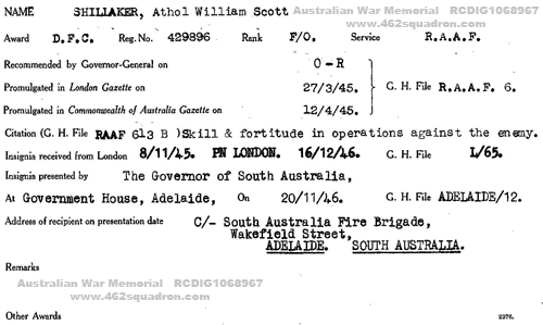 DFC record card for F/O Athol William Scott Shillaker 429896 RAAF, Australian War Memorial (462 Squadron).