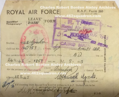 Leave Pass for Charles Robert Borden AINLEY, 1451753 RAFVR, August 1943, Hosc Raui to Alexandria and Cairo.