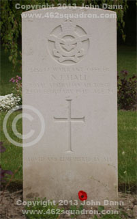 Headstone on grave for Norman Joseph Hall, 425647 RAAF, 462 Squadron. 