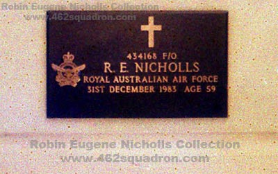 Memorial Plaque on the grave of Robin Eugene Nicholls, 434168 RAAF, ex-462 Squadron, Driffield and Foulsham. Grave at Belgian Gardens Cemetery, Townsville, Queensland.