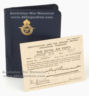 RAF issue "Identification Card for Officers Driving Mechanical Transport"; in blue leather wallet, Flight Lieutenant Donald Grant Uther, 423361, 462 Squadron RAAF Foulsham 1945 (AWM).