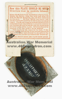 Clothes marking stencil plate for D. G. UTHER 423361, and instructions for use (Donald Grant Uther, 462 Squadron RAAF) (AWM).