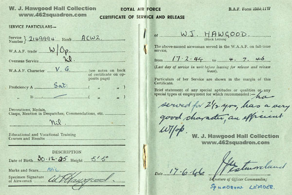 Winifred Joan Hawgood WAAF 2149994, Certificate of Service and Release (Form 2520/11W);  (previuosly at Foulsham, site of 462 Squadron)