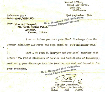 Winifred Joan Hawgood WAAF 2149994, letter dated 23 September 1946 (previously at RAF Foulsham, site of 462 Squadron)