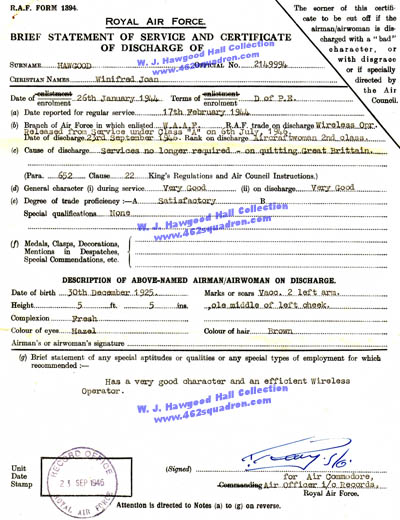 Winifred Joan Hawgood WAAF 2149994, Statement of Service (Form 1934) dated  23 September 1946 (previously at RAF Foulsham, site of 462 Squadron)