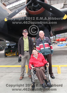 Tom Walker (462 Squadron), wife Rose and son Gary at Yorkshire Air Museum, Elvington, Yorkshire, on Sunday 8 July 2012, in front of Halifax LV907, NP-F, known as "Friday the 13th".