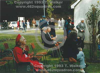 Mrs Rose Walker and other attendees await the arrival of the Parade at the Service of Dedication & Remembrance for the Memorial for 462 Squadron RAAF & 466 Squadron RAAF, Memorial Gardens, Driffield, Yorkshire, 12 September 1993.
