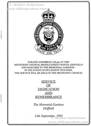Order of Service of Dedication and Remembrance for Memorial for 462 Squadron RAAF & 466 Squadron RAAF, Memorial Gardens, Driffield, 12 September 1993.