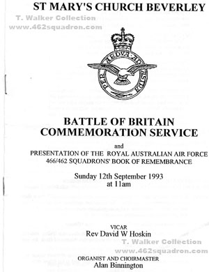 Order of Service, St. Mary's Church Beverley, for Presentation of Book of Remembrance for 462 Squadron RAAF & 466 Squadron RAAF, 12 September 1993.