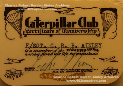 Caterpillar Club Card for Charles Robert Borden AINLEY, 1451753, RAFVR, 462 Squadron, Libya 1943.