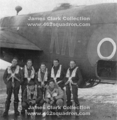Pilot Charlie Weeks, Navigator Ken Jones, Bomb Aimer Bill Mottram, Flight Engineer James Clark, Wireless Operator Don Murray, Rear Gunner Haines and Mid-Upper Gunner Colin Gower of 77 Squadron, Full Sutton, early 1945, beside their Halifax KN.