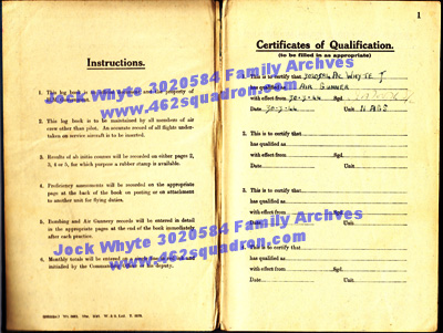 Jock Whyte, 3020584 RAFVR, log book March 1944, Certificate of Qualification, Air Gunner.