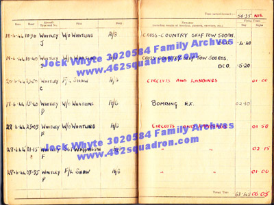 Jock Whyte, 3020584 RAFVR, log book late June 1944, 10 OTU.