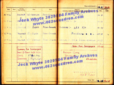 Jock Whyte, 3020584 RAFVR, log book Summary September 1944, 1658 HCU, Riccall
