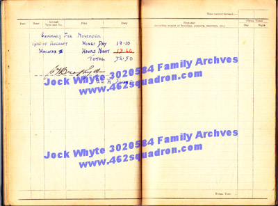 Jock Whyte, 3020584 RAFVR, log book Summary November 1944, 462 Squadron, Driffield.