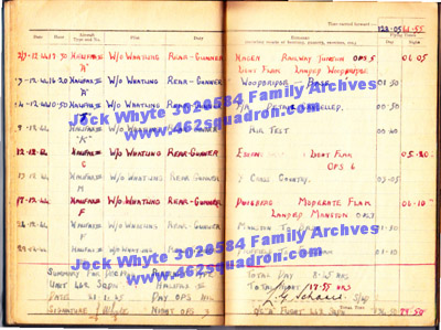 Jock Whyte, 3020584 RAFVR, log book December 1944, 462 Squadron, Driffield.
