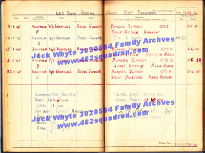 Jock Whyte, 3020584 RAFVR, log book January 1945, 462 Squadron, Foulsham