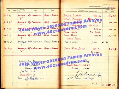 Jock Whyte, 3020584 RAFVR, log book February 1945, 462 Squadron, Foulsham