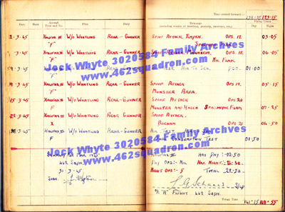 Jock Whyte, 3020584 RAFVR, log book March 1945, 462 Squadron, Foulsham