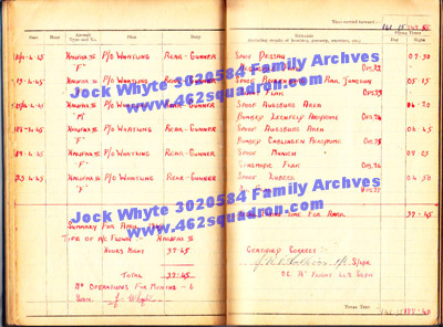 Jock Whyte, 3020584 RAFVR, log book April 1945, 462 Squadron, Foulsham