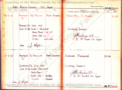 James WHYTE, 3020584 RAFVR, Log book for June and July 1945, 171 Squadron, North Creake.