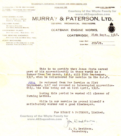 James WHYTE, 3020584 RAFVR, Reference and Statement of Employment from Murray & Patterson Ltd.