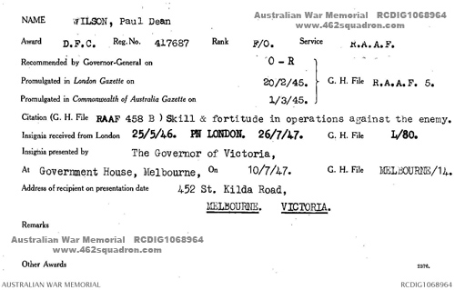 Paul Dean Wilson 417687 RAAF, DFC card at Australian War Memorial
